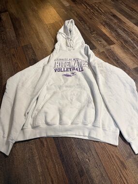 Port and Company White Volleyball Graphic Hoodie with Purple Accents